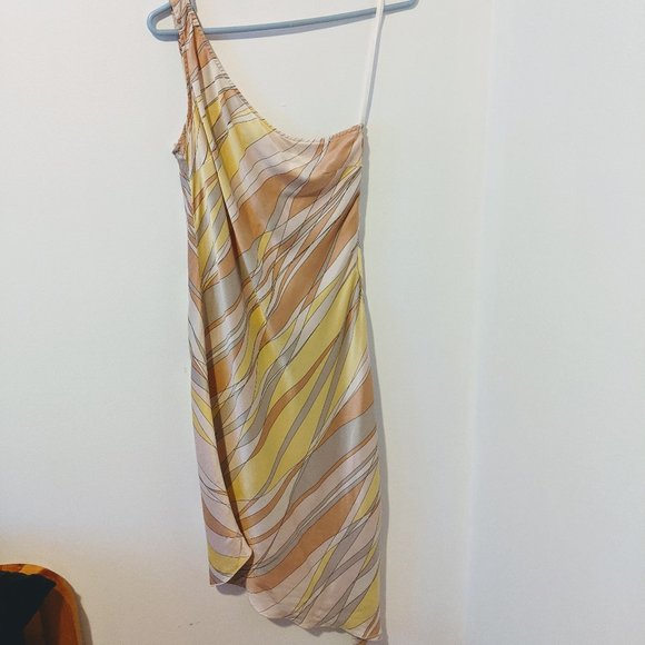 🚨Bebe Silk Pink Yellow Pastel Asymmetrical Dress M L - Picture 2 of 11